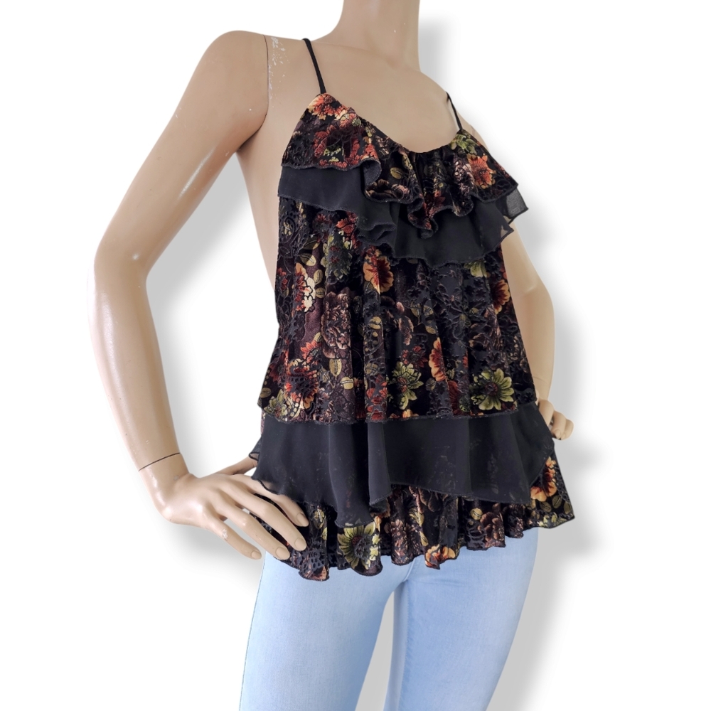 Popsy Floral Burnout Velvet & Chiffon Ruffled Layered Blouse